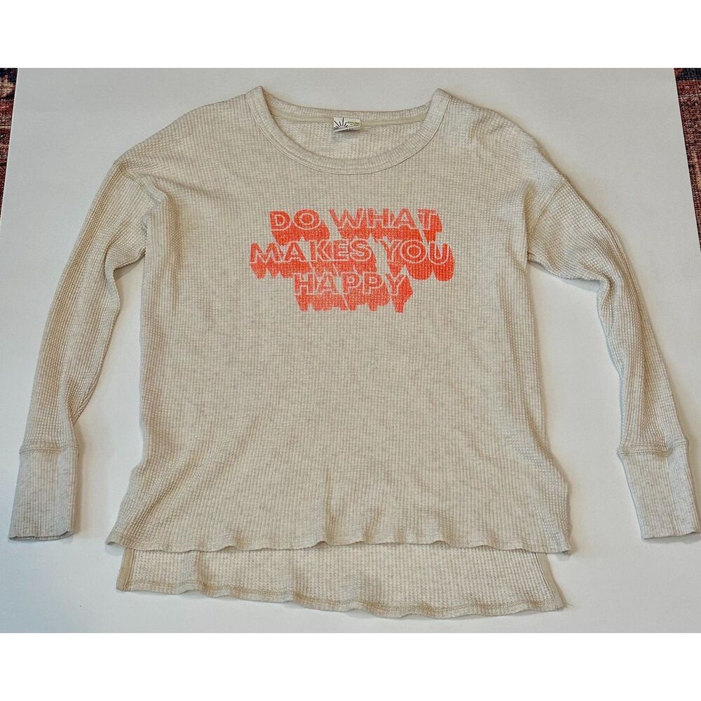 Cozy Aerie Waffle Knit Graphic Tee • Happy Vibes Thumbholes S